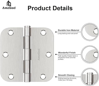 Door Hinges Brushed Nickel - 36 Pack Satin Nickel 3.5 Inch Rounded Interior Door Hinges with 5/8" Radius - 3 1/2 Inches Silver Residential Standard Door Hardware
