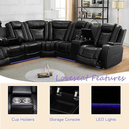 Power Recliner Sectional Sofa, L-Shape Living Room Furniture Set, Black Breathing Leather Sofa and 2 Chairs, Reclining Sectional Couch with LED/Storage/Cup Holder/Type C USB for Office/House