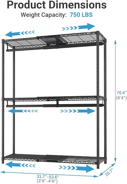 VIPEK X1 Plus Expandable Reach-in Closet Adjustable from 2'8" to 4'6" with Adjustable Shelves and Hanger Rods Clothes Rack Heavy Duty, Metal Clothing Racks Portable Walk-in Closet, Black
