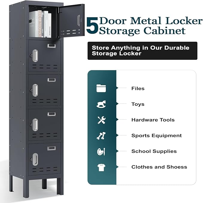Metal Storage Locker with Lock & Card Slot Locker - Secure Lockable Door - Steel Locker for School, Office, Gym, Home - 66.15" H x 11.8" W x 11.8" D（5 Door, Grey）