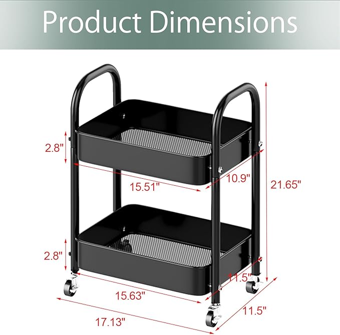 Melody House 2 Tier All-Metal Rolling Storage Cart with Handle and Locking Wheels - Kitchen, Laundry, Office, Bathroom Organizer, Black