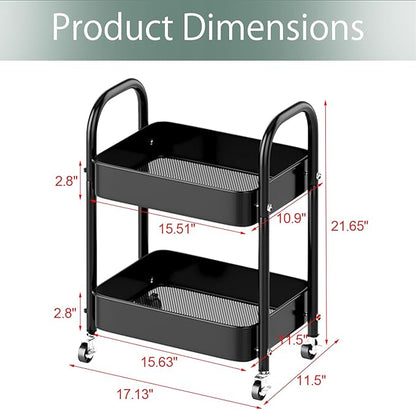 Melody House 2 Tier All-Metal Rolling Storage Cart with Handle and Locking Wheels - Kitchen, Laundry, Office, Bathroom Organizer, Black