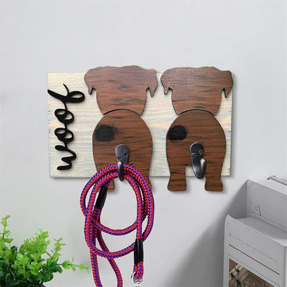 Personalized Dog Leash Holder for Wall Custom Name, Wooden Dog Butt Leash Hook, Decorative Key Rack Hooks Hanger for Entryway, Hallway, Farmhouse Dog Items Storage Organizer (2 Dog)