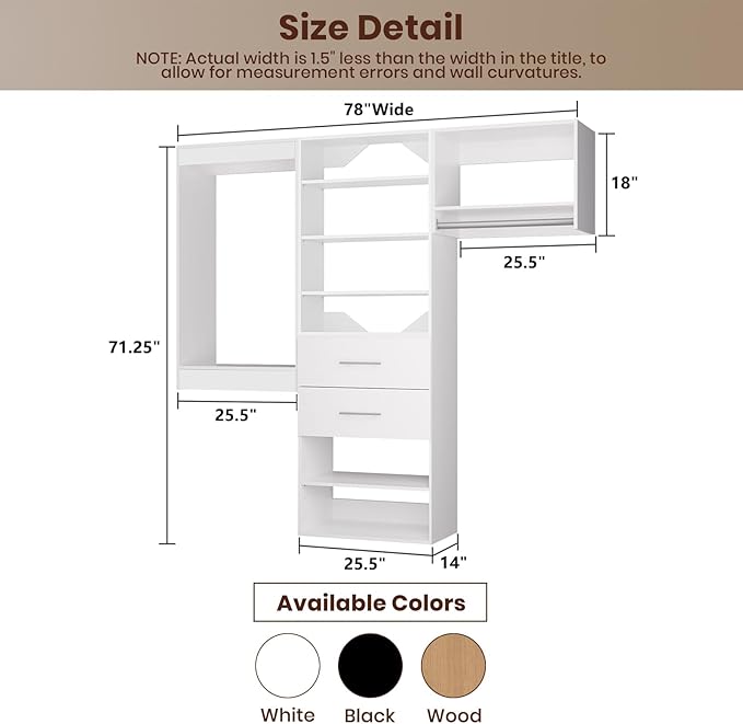 ROOMTEC Modular Closet System, 78" Wall Mounted Modern Closet Organizer with Hanging Rods and Drawers, Wooden Tower for Walk-In Closets, Wardrobe Storage Kit, White