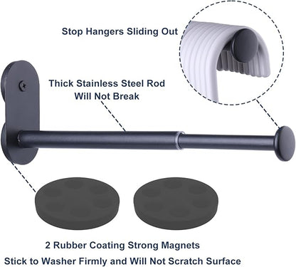 Extendable Magnetic Hanger Holder for Laundry Room, Clothes Hanger Orangizer Rack for Side of Washer or Dryer, Space Saving Laundry Storage, Black Pack of 2
