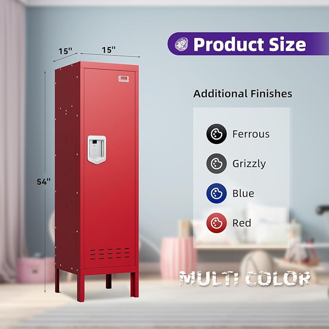 Metal Storage Locker with Lock & Card Slot Locker - Secure Lockable Door - Steel Locker for School, Office, Gym, Home - 54" H x 15" W x 15" D（1 Door, Red）