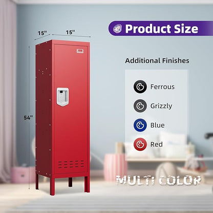 Metal Storage Locker with Lock & Card Slot Locker - Secure Lockable Door - Steel Locker for School, Office, Gym, Home - 54" H x 15" W x 15" D（1 Door, Red）