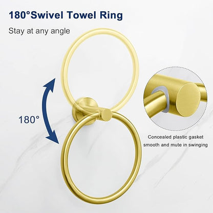 NearMoon Bath Towel Ring, Bathroom Hardware Accessories-Thicken Stainless Steel Hand Towel Holder for Bathroom, Modern Round Towel Hanger Wall Mounted (Brushed Gold, 2 Pack)