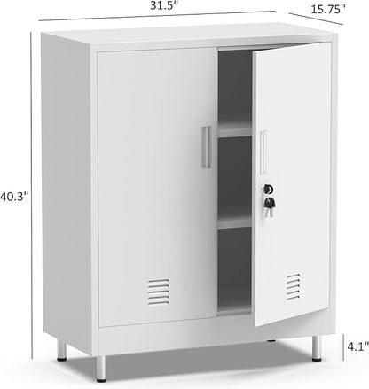 Metal Storage Cabinet with Locking Doors and 2 Adjustable Shelves, Lockable Storage Cabinet for Home Office Garage Pantry Living Room (White)
