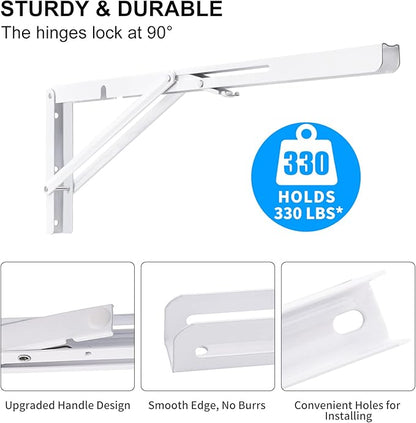 YUMORE White Folding Shelf Brackets, 20 Inch Heavy Duty L Bracket, DIY Collapsible Shelf Bracket for Workbench Folding Table Hinge, Max Load: 330lb, 2 Pack