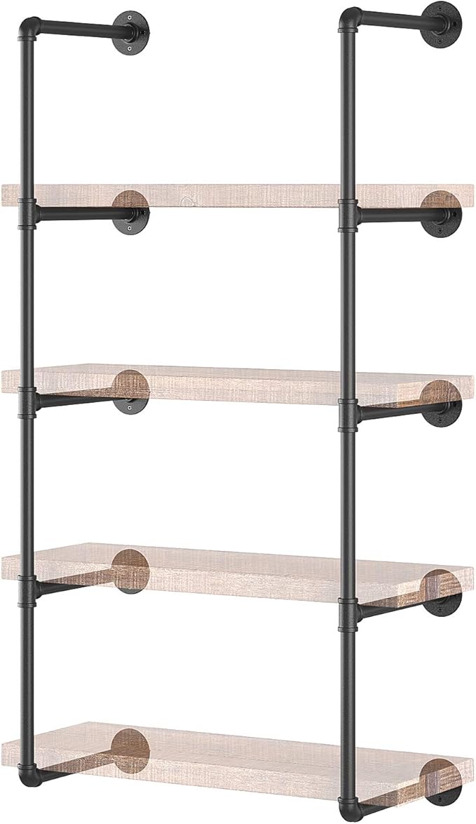 Yuanshikj 2Pc (56" Tall 12" deep,3/4") Industrial Wall Mount Iron Pipe Shelf Shelves Shelving Bracket Vintage Retro Black DIY Bookshelf Storage Office Room Kitchen (5Tier Hardware Only)