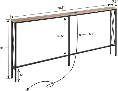 ELYKEN 5.9" Narrow Console Sofa Table with Power Outlets, 5.9" Dx70.9 Wx31.5 H Long Skinny Behind Couch Table with Charge Station and 6.5'Extension Cord, White Oak