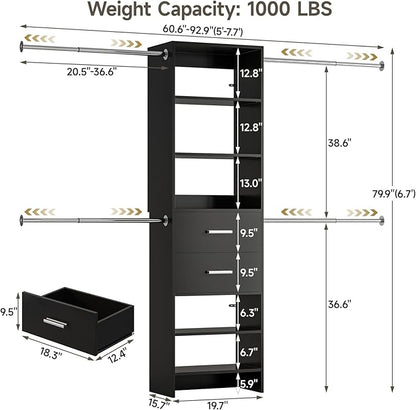 W2 Closet System with 2 Drawers, 3.5FT-7.7FT Closet Organizer System with 4 Chrome-Plated Telescopic Rods & 5 Adjustable Shelves, Custom Wood Walk-In Closet Clothing Rack, Black