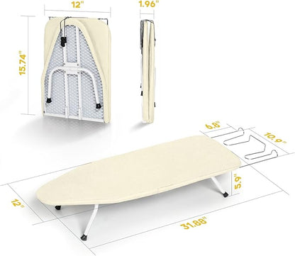 Metal Small Ironing Board Tabletop 31x12, RAINHOL Countertop Mini Iron Board Foldable with Cotton Cover and Pad, Portable and Compact for Travel, Dorms and Small Space