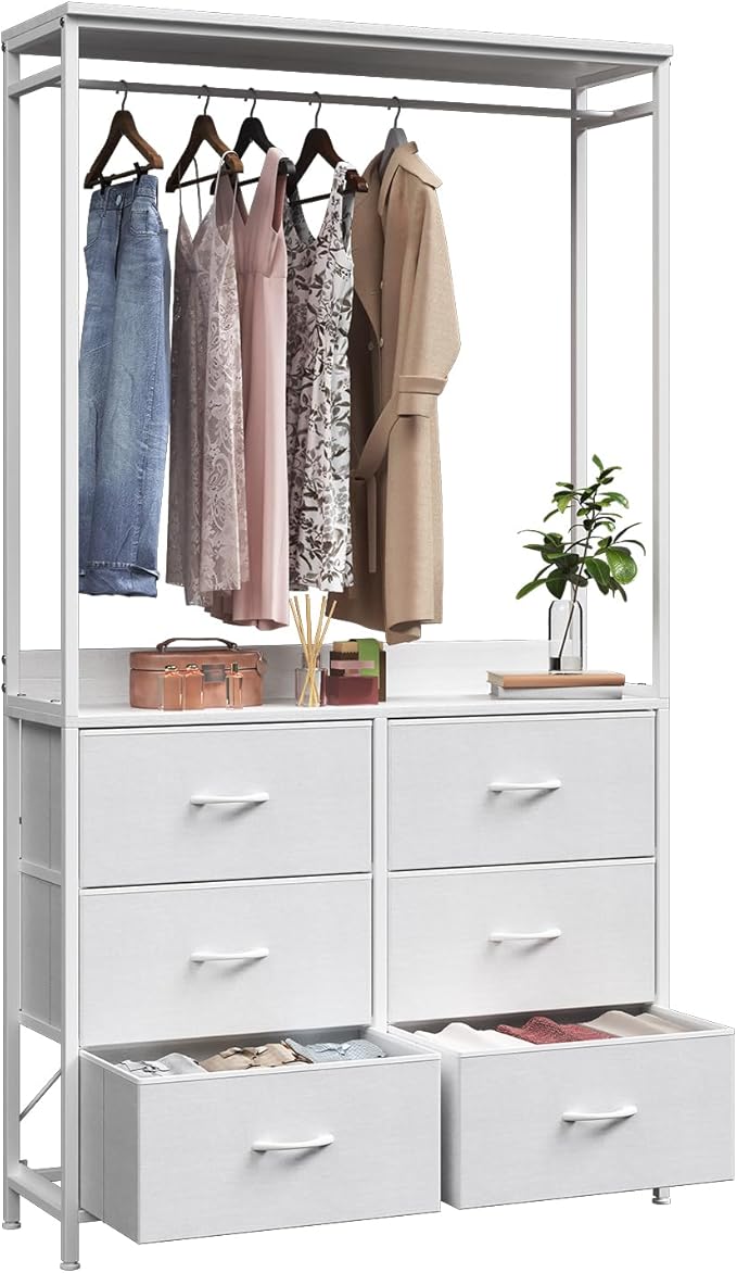 6 Dresser Drawer with Hanging Rack, 2-in-1Tall Dresser for Bedroom/Closet, Fabric Dressers & Chests of Drawers, Sturdy Alloy Steel Frame, Space Saving Closet Organizer