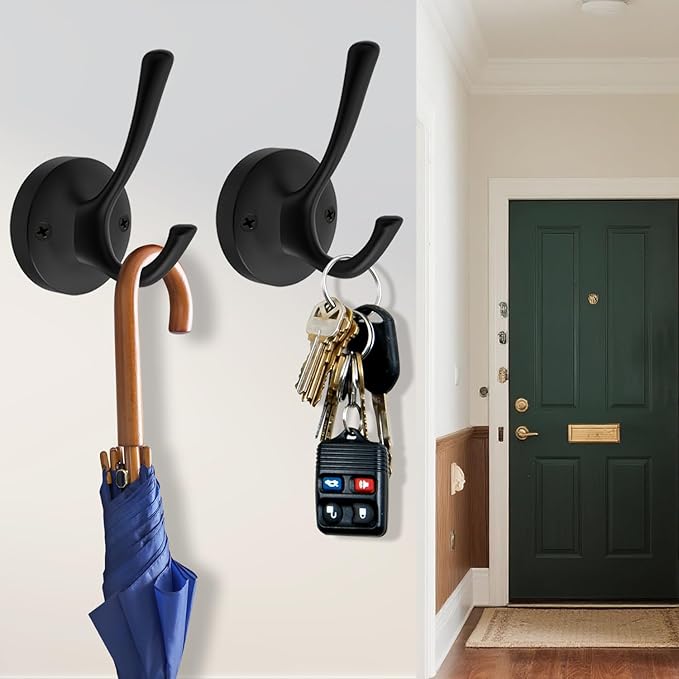 Black Wall Hooks, 6 Pack Coat Towel Hook Heavy Duty Metal Double Bath Robe Hook Wall Mounted, Hat Hooks for Cubicle Bathroom Kitchen Closet Garage