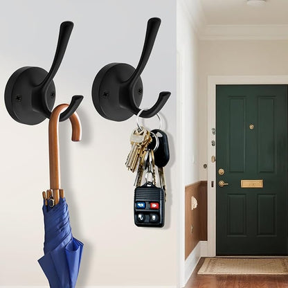 Black Wall Hooks, 6 Pack Coat Towel Hook Heavy Duty Metal Double Bath Robe Hook Wall Mounted, Hat Hooks for Cubicle Bathroom Kitchen Closet Garage