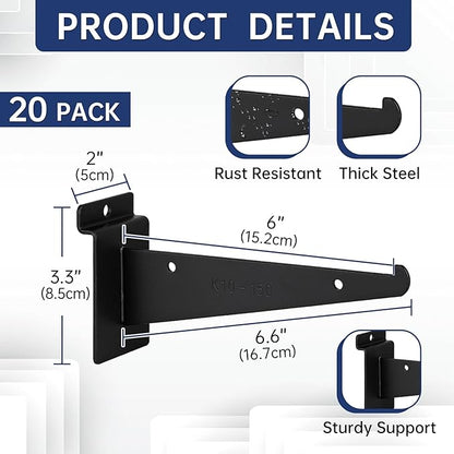 20 Pack Metal Slatwall Shelf Brackets with Lip Heavy Duty, Slatwall Accessory for Panels Shelving, Garage, Retail Display (Black, 6 Inch)