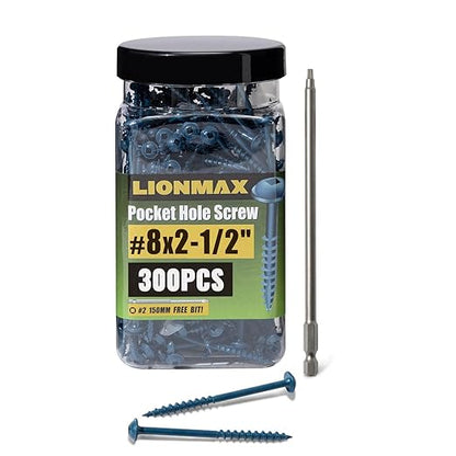 LIONMAX Pocket Hole Screws 2-1/2 Inch, 300 PCS Exterior Pocket Screw #8 x 2-1/2", Coarse Thread, Square Drive, Washer Head, Blue Coated Weather Resistant, 150MM Drive Bit Included
