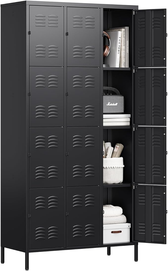 Letaya Metal Lockers for Employees-12 Door Storage Locker with Shelves and Lockable Steel Cabinet for School,Gym,Office,Staff (Black, 12 Door)