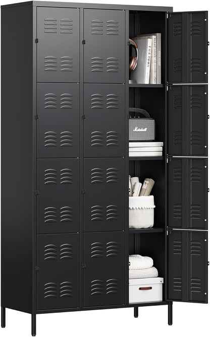 Letaya Metal Lockers for Employees-12 Door Storage Locker with Shelves and Lockable Steel Cabinet for School,Gym,Office,Staff (Black, 12 Door)