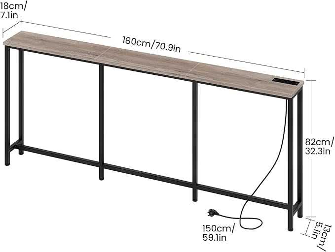 70.9" Narrow Console Table with Power Outlet 7.1" Skinny Sofa Table, Long Behind Couch with Charging Station for Hallway, Living Room Greige and Black TXG18UBG