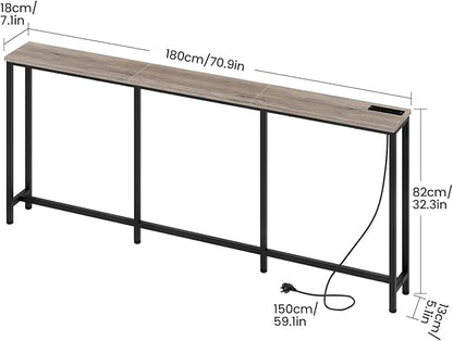 70.9" Narrow Console Table with Power Outlet 7.1" Skinny Sofa Table, Long Behind Couch with Charging Station for Hallway, Living Room Greige and Black TXG18UBG