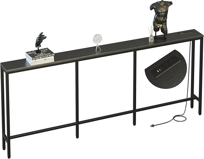 78.7" Behind Couch Table with Fast Charging Station, 7.1" Narrow Skinny Sofa Table with 2 Power Outlets, 2 USB-A, USB-C for Console Entryway, Black