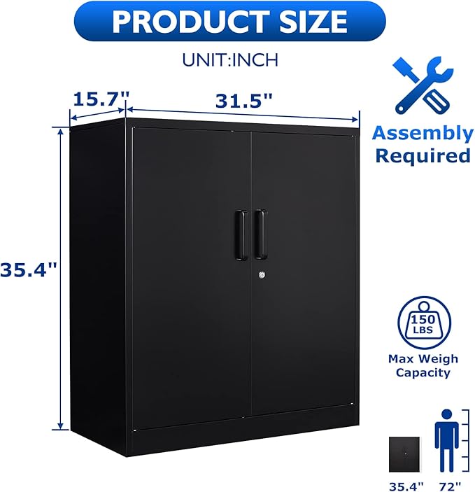 Metal Storage Cabinet, 2 Doors Garage Cabinets, Steel Utility Tool Caninet, Short Locking Caninets with Adjustable Shelves, Black Lockable File Cabnet Cupboard for Home/Office/School/Shop