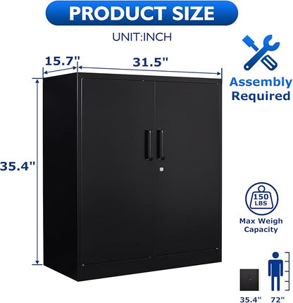 Metal Storage Cabinet, 2 Doors Garage Cabinets, Steel Utility Tool Caninet, Short Locking Caninets with Adjustable Shelves, Black Lockable File Cabnet Cupboard for Home/Office/School/Shop