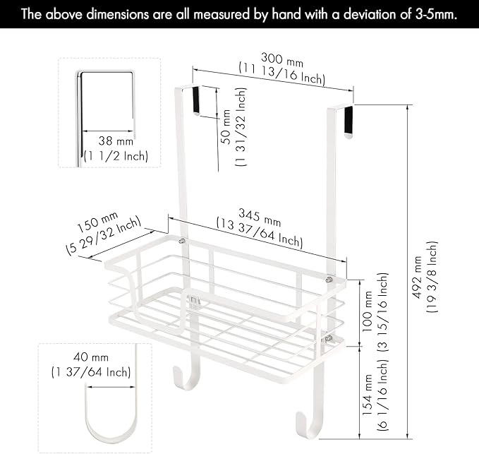KES Ironing Board Hanger Over The Door, T-Leg Holder, for 1 3/8" Door, Metal Iron Holder White, HIR500A-WH