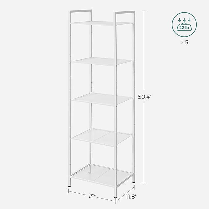 SONGMICS 5-Tier Storage Rack, Bathroom Shelf, Extendable Plant Stand with Adjustable Shelf, for Bathroom, Living Room, Balcony, Kitchen, White UBSC035W01