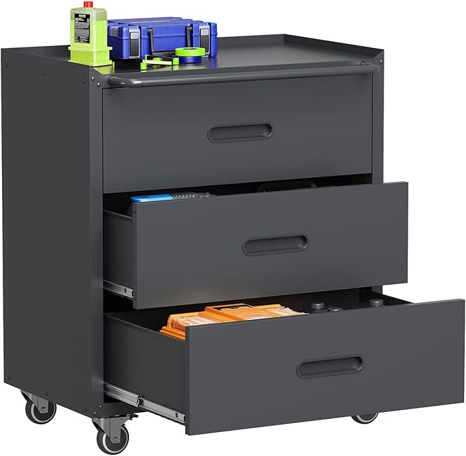 Metal Garage Storage Cabinet with Wheels, Rolling Tool Cabinet with 3 Drawers, Heavy Duty Mobile Steel Cabinet for Garage Warehouse Workshop