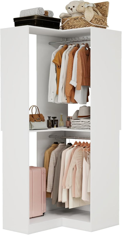 Corner Closet System, 31" Corner Closet Organizer With 3 Hanging Rods, Wood Walk In Closet System for Small Space, L Shaped Corner Closet, White