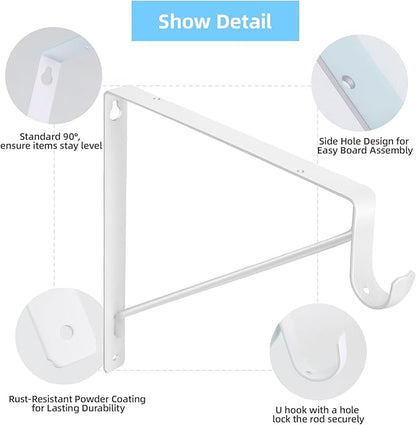 10-Pack Closet Rod Bracket, 10.8x10.8Inch Closet Shelf Brackets Heavy Duty Wall Mounted, Matte White Steel Closet Rod Support Brackets Holder, 300 Lbs Load Capacity with Anchors Screws