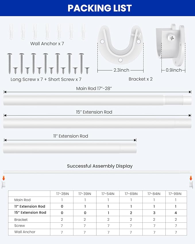 Closet Rods for Hanging Clothes, 17 to 129 Inches Stepless Adjustable Metal Closet Rod, 1.3 Inches Heavy Duty Clothes Hanging Rod for Closet Wardrobes Laundry RV, White