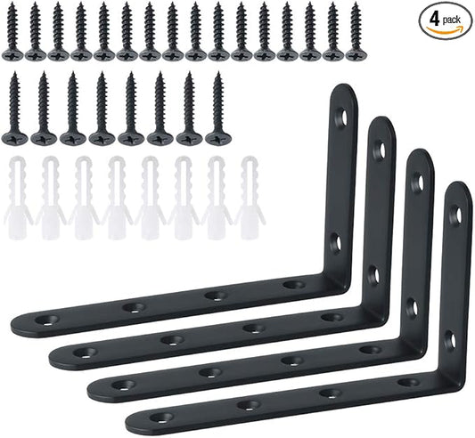 Alise Floating Shelf Brackets,L Brackets for Shelves Heavy Duty Shelving Brackets Stainless Steel Corner Brace Angle Bracket for Wood,5x3 Inch Wall Bracket Black Finish,Pack of 4