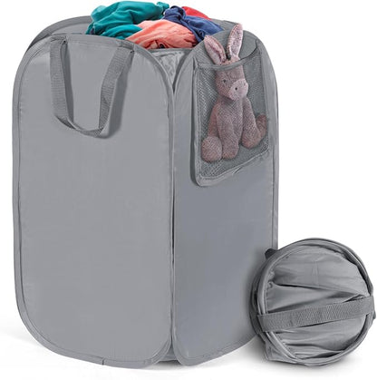 HOUSE AGAIN Upgraded Pop Up Hampers for Laundry, Collapsible Laundry Basket with Durable Handles & High Carbon Steel Frame, Wide Opening, Solid Bottom and Side Pocket for Clothes and Storage(Grey)