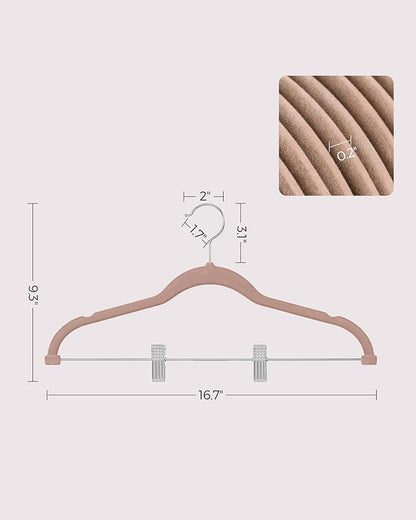 SONGMICS 30-Pack Pants Hangers, 16.7-Inch Long Velvet Hangers with Adjustable Clips, Heavy-Duty, Non-Slip Skirt Hangers, Space-Saving for Pants, Skirts, Coats, Dresses, Pale Brown UCRF012LB30