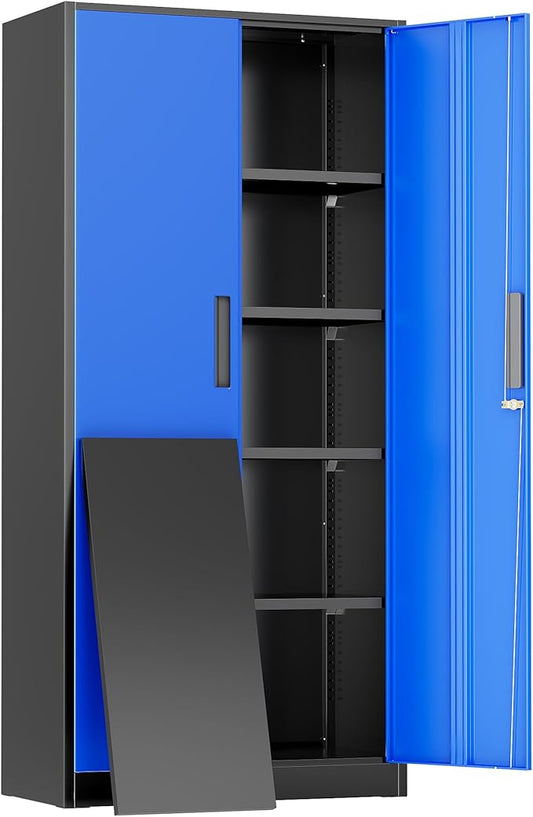 Greenvelly Metal Storage Cabinet, 72" Locking Metal Garage Storage Cabinet with Doors and 4 Adjustable Shelves, Lockable Steel Cabinet for Home Office, Garage, Shop, School (Blue 32" W x 16" D)