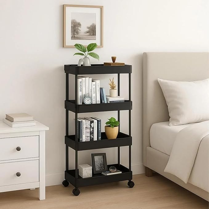ShellKingdom 4 Tier Bathroom Storage Organizer, Slim Rolling Storage Cart for Narrow Space, Mobile Shelving Unit with Lockable Wheels and Hooks for Bathroom, Kitchen, Laundry Movable Shelf (Black)