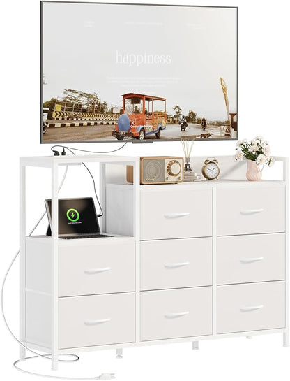 DUMOS TV Stand Dresser with 8 Fabric Drawers & Open Shelves, TV Stand for Up to 45 inch TV with Wooden Top, Entertainment Center with Charging Station for Living Room, Hallway, White