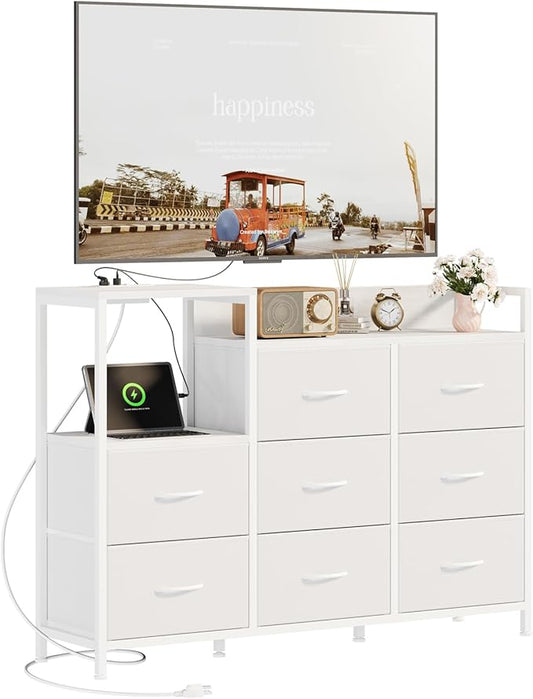 DUMOS TV Stand Dresser with 8 Fabric Drawers & Open Shelves, TV Stand for Up to 45 inch TV with Wooden Top, Entertainment Center with Charging Station for Living Room, Hallway, White