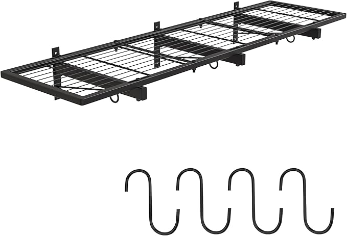 Garage Wall Shelves, 46"X12.5" Garage Shelving Wall Mounted, Heavy Duty Shelf Storage Rack with 4 Hooks, Black Organizer Floating Metal Shelf 160 LBS Capacity for Office, Basement, Laundry Room
