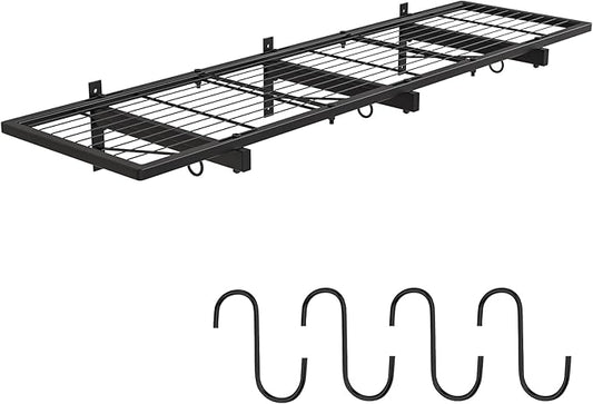 Garage Wall Shelves, 46"X12.5" Garage Shelving Wall Mounted, Heavy Duty Shelf Storage Rack with 4 Hooks, Black Organizer Floating Metal Shelf 160 LBS Capacity for Office, Basement, Laundry Room