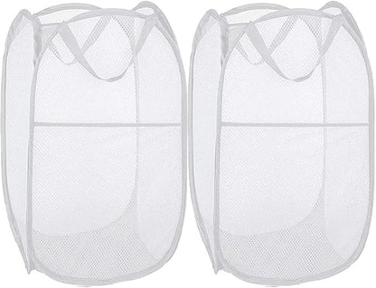 BATTOO Deluxe Strong Mesh Pop up Laundry Hamper Basket with Side Pocket Foldable Hamper for Laundry Room, Bathroom, Kids Room, College Dorm or Travel White + White