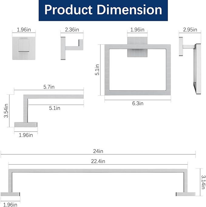 24-Inch Extended Towel Bar Set Wall Mounted, Bathroom Accessory Set Brushed Nickel 5-Pieces Bathroom Hardware Set