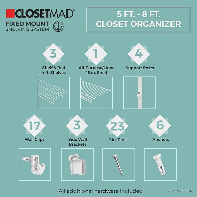 ClosetMaid Wire Closet Organizer System, Adjustable from 5 to 8 Ft., with Shelves, Hardware, Durable Steel, Fixed Mount Installation, White