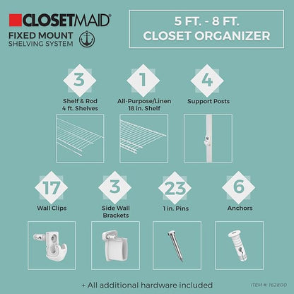 ClosetMaid Wire Closet Organizer System, Adjustable from 5 to 8 Ft., with Shelves, Hardware, Durable Steel, Fixed Mount Installation, White