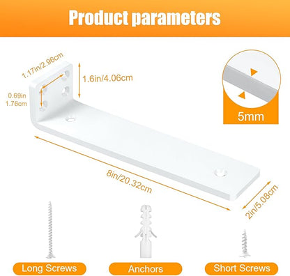 White Floating Shelf Brackets 8 inch, Heavy Duty Wall Shelf Bracket 8 Pack for Shelves Support, Hidden Metal L Brackets with Mounting Hardware (1/5'' Thick)